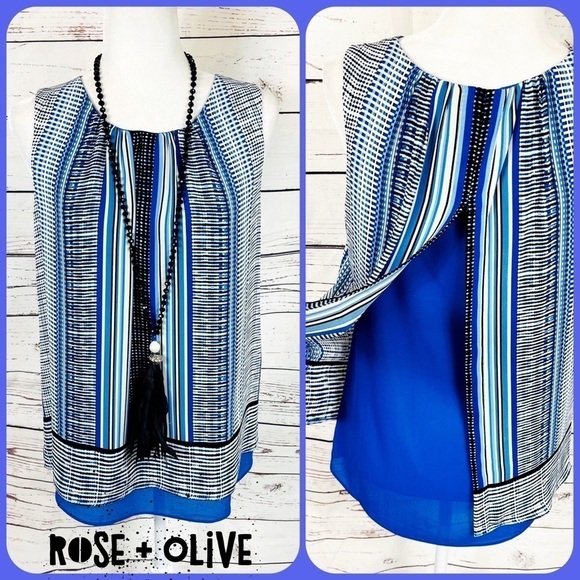 ROSE + OLIVE Blue Abstract Sleeveless Split Back Blouse - MEDIUM - Picture 1 of 11